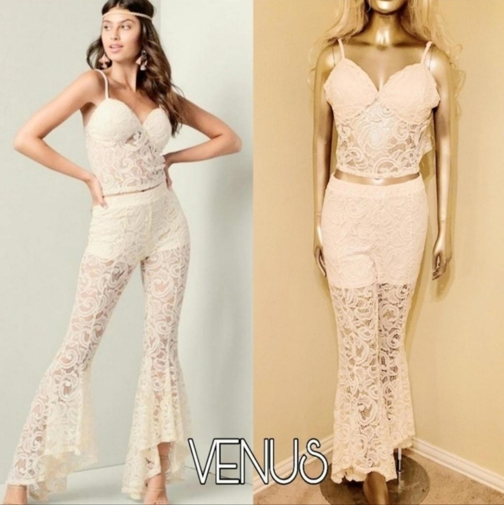 NEW VENUS Ivory Lace Flare Leg 2 Piece Bohemian Festival Beach Pant Set - Picture 14 of 16